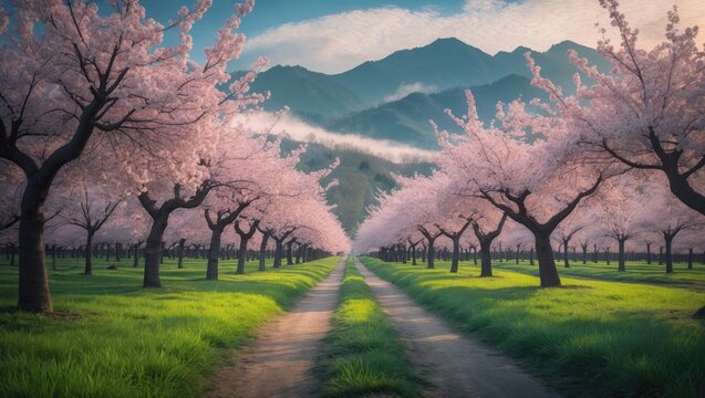 Springtime landscape of orchard with cherry blossoms