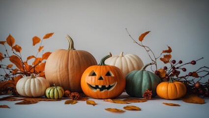 Festive Halloween table arrangement with pumpkins, leaves, and rosehip branches, capturing an autumn holidays concept from the front
