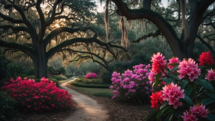 Obraz premium Colorful Spring Landscape Featuring Azalea Blooms, Live Oaks, and Spanish Moss