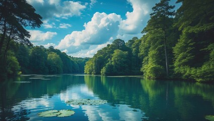 Fototapeta premium Scenic summer scene by a small lake surrounded by forest, clear blue sky, and sunlight in Sweden