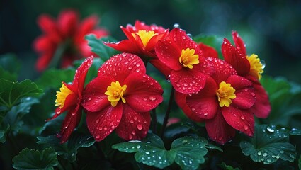 Detailed view of bright red begonia flowers with dew drops on their petals, complemented by rich green leaves.