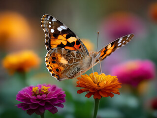 Obraz premium Colorful butterfly perched on a vibrant orange flower, surrounded by others in bloom