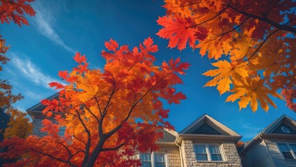 Vivid Autumn View of Maple Tree Tops and Red Leaves Under a Stunning Blue Sky in an Urban Setting
