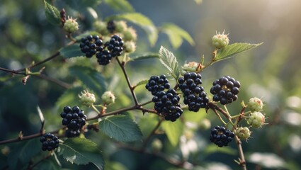 Macro shot of green, unripe blackberries on a shrub, emphasizing texture and ecology.