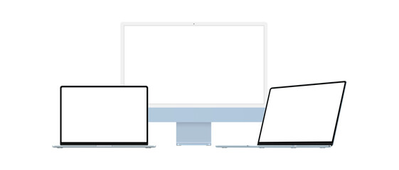 Modern Blue Computers. PC Monitor, Laptops Front and Side Perspective View, with Blank Screens, Isolated on White Background. Vector Illustration