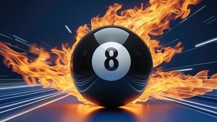 Billiard ball featuring a number, blazing with fire, flying on a background
