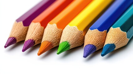 Close-up Arrangement of Multicolored Pencils on White, Representing Creativity