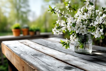 Spring blossoms on weathered wooden table