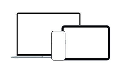 Modern Blue Laptop, Smartphone, Horizontal Tablet, Front View, with Blank Screens, Isolated on White Background. Vector Illustration