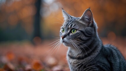 Obraz premium Beautiful domestic cat portrait featuring a striped kitten with vibrant green eyes amidst nature
