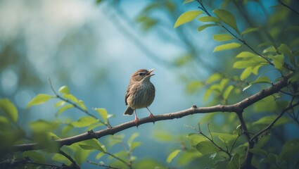 Obraz premium On the branch, a bird sat and emitted a chirping noise.
