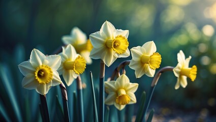 Obraz premium Group of daffodils featuring six blossoms against a blurred background
