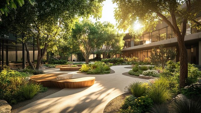 The landscaped courtyard of a modern office building, with winding paths, shaded seating, and vibrant greenery creating an eco-friendly and inviting environment