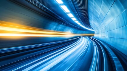青色と黄色の光跡が示す高速地下トンネルの抽象的なイメージ 光跡 速度と動きを捉えた都会的なスピード感