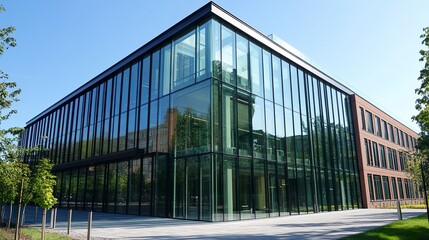 Fototapeta premium The low-angle perspective of a contemporary glass-clad building with numerous windows, showcasing its sleek architectural design and reflecting the outdoor light 