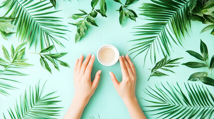 Woman's Hands Resting Beside a Cup of Tea on a Green Tropical Leaf Background