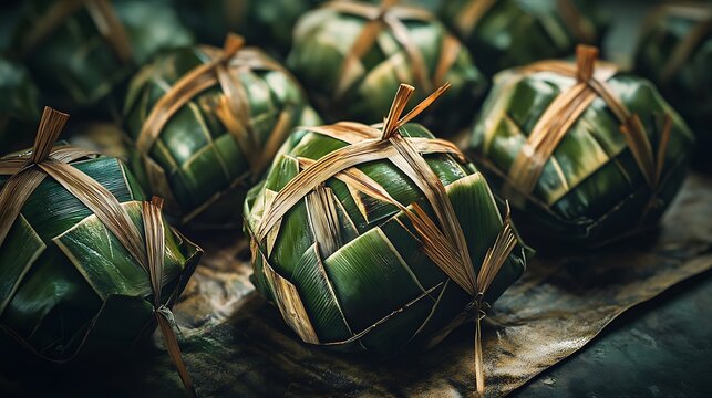 CloseUp of Leaf Wrapped Parcels Detailed Texture, Natural Packaging, Green Tones