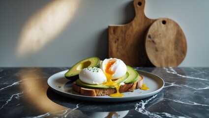 Delicious springtime brunch with boiled eggs, cheese, and avocado toast on a stylish table