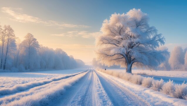Tranquil winter countryside featuring a frost-covered rural road bordered by snow-dusted trees under a clear blue sky. - Powered by Adobe