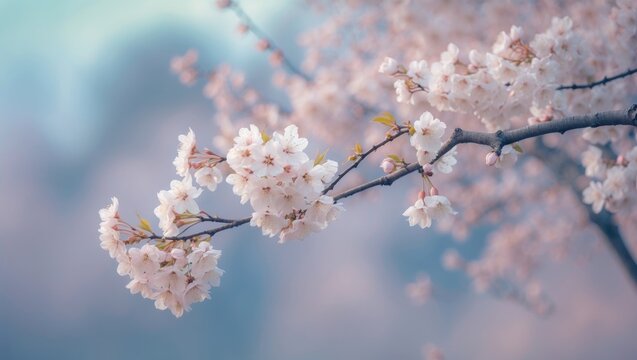 Branch of cherry blossoms with white flowers in spring