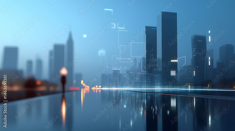 Poster 暗い夜の街の反射と高層ビルの青い色調とぼかし効果のあるシルエット 夜の街並みの抽象的な風景