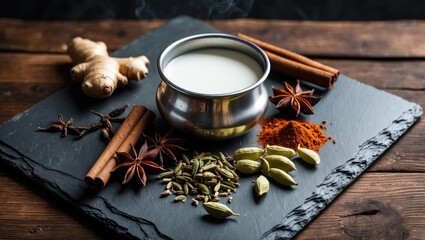 Slate background with ingredients for making masala tea