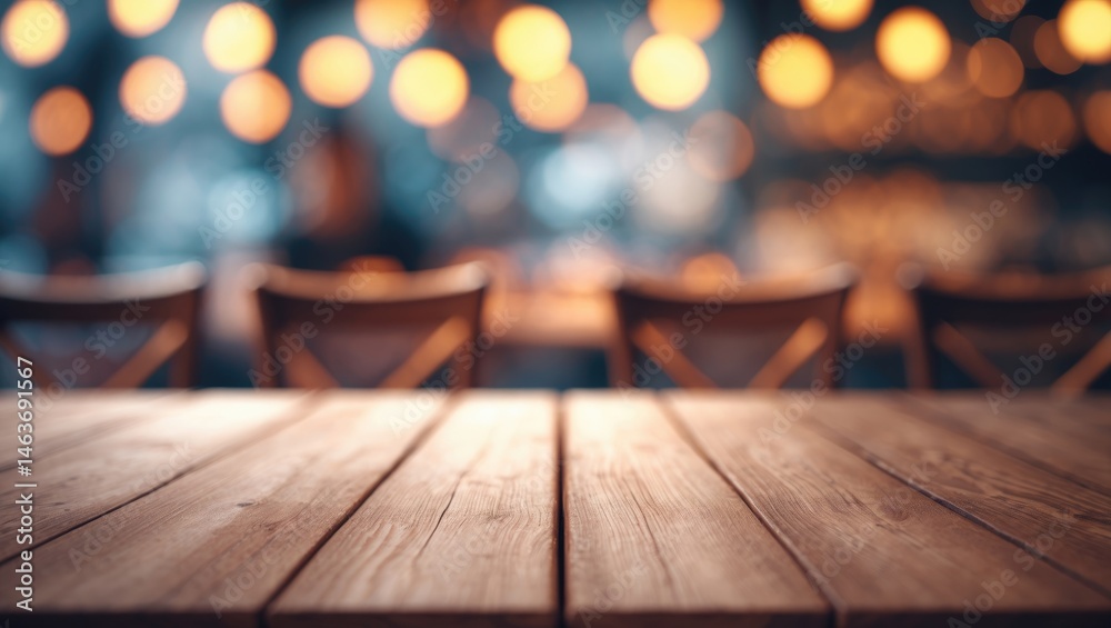 Poster wooden table in the foreground against a defocused abstract backdrop