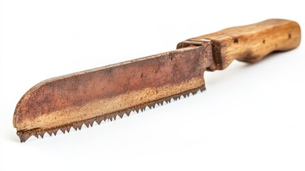 Close-up of a vintage, rusty saw-knife isolated on a white backdrop