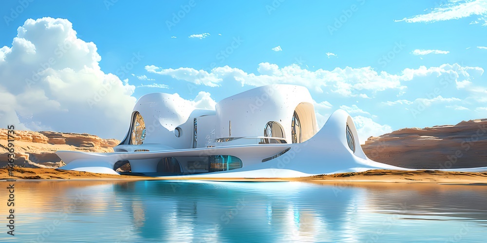 Poster 白の抽象的な建物が水面に反射し、砂漠の風景を背景にしたモダンな建築デザインと未来的なスタイルのある風景