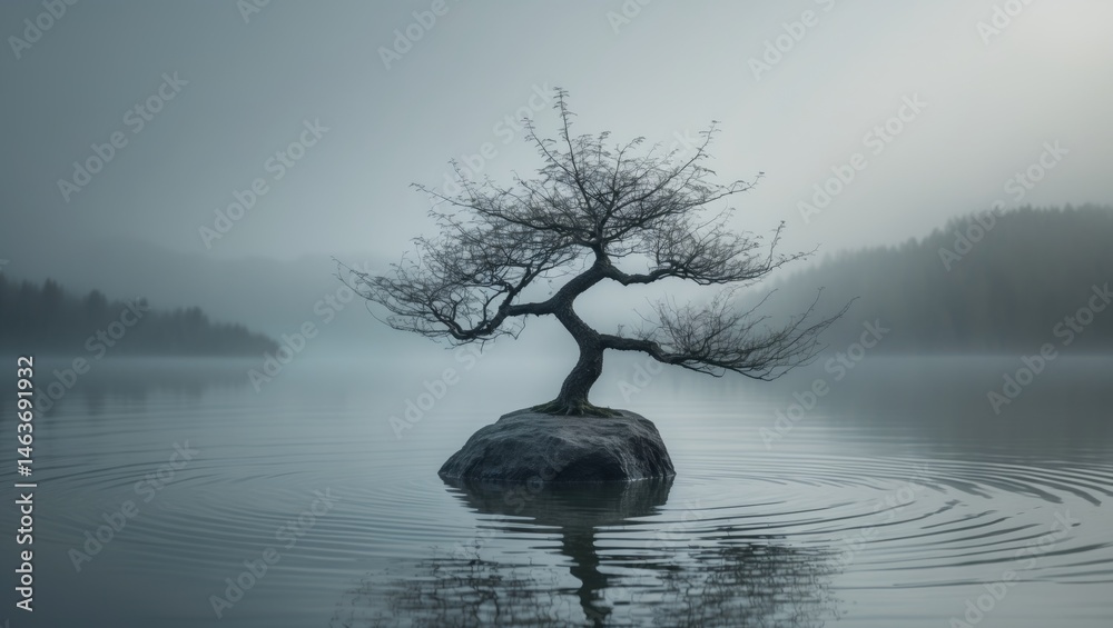 Poster bonsai tree centered by fairy lake in a natural setting