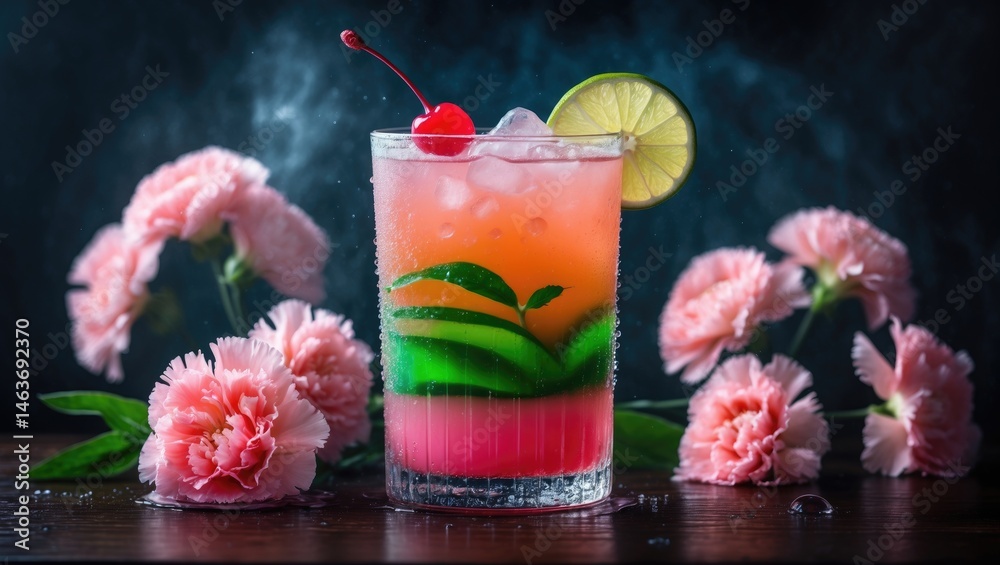 Poster colorful butterfly pea mocktail with fruit and citrus for refreshing summer drinks on the table