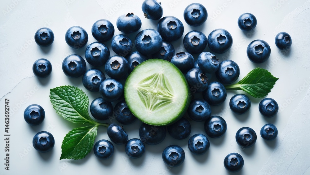 Poster blueberry-themed flat lay layout highlighting food and macro concepts