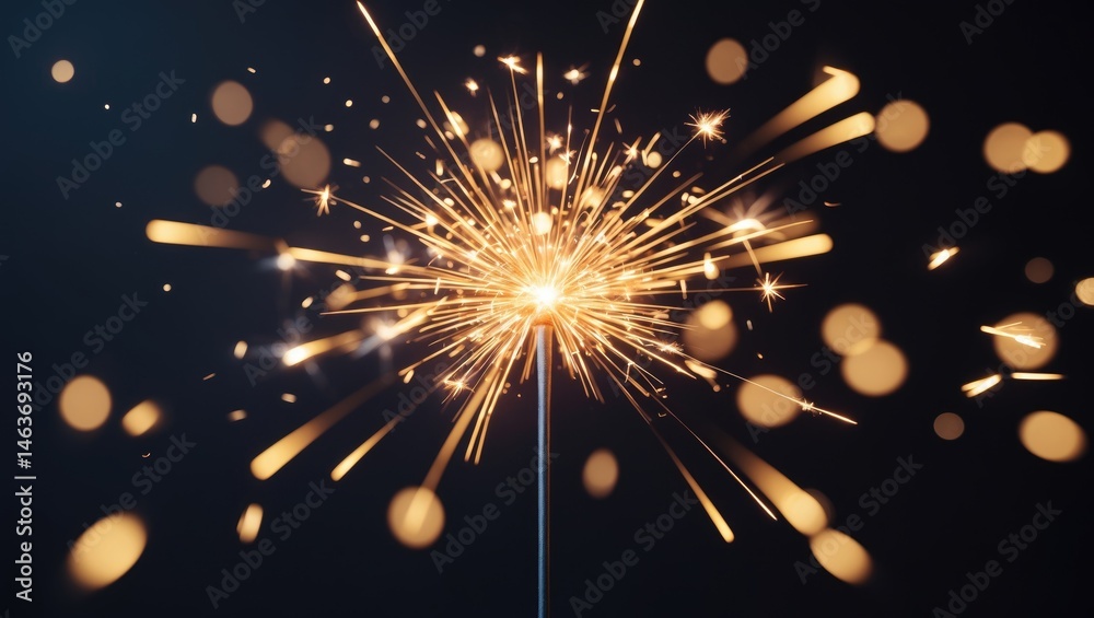 Poster Firework sparkler glowing brightly on a black background with festive bokeh lights