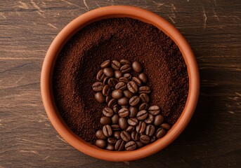 Coffee beans and ground coffee in terracotta bowl on dark wooden surface