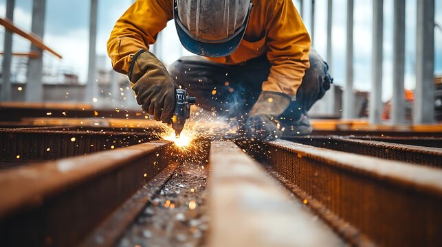 Welder Working on Steel Beams at Construction Site