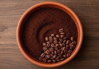 Coffee beans and ground coffee in terracotta bowl on wooden table top view
