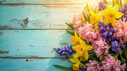 Beautiful spring bouquet of daffodils hyacinths and muscari on a rustic turquoise wooden surface