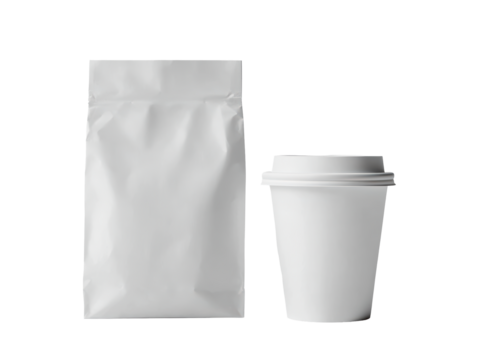 Isolated Set White Paper Coffee Cup and Sealed Bag