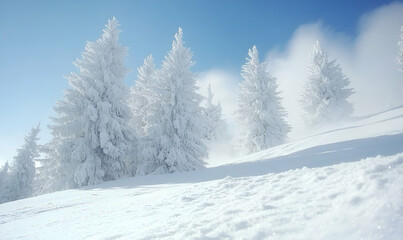 Snowy Landscape with Frost-Covered Fir Trees on a Sunny Winter Day