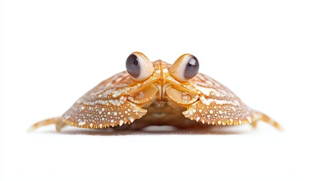 Close-up studio shot of a shy pebble crab, isolated against white backdrop
