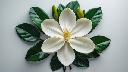 Fototapeta premium Top-down view of Magnolia flower, isolated on white, featuring dwarf variety