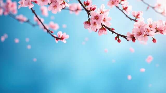 Delicate cherry blossom branches with pink flowers and floating petals against a vibrant blue sky background