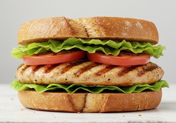 Grilled chicken sandwich with tomato and lettuce on toasted bread, close up