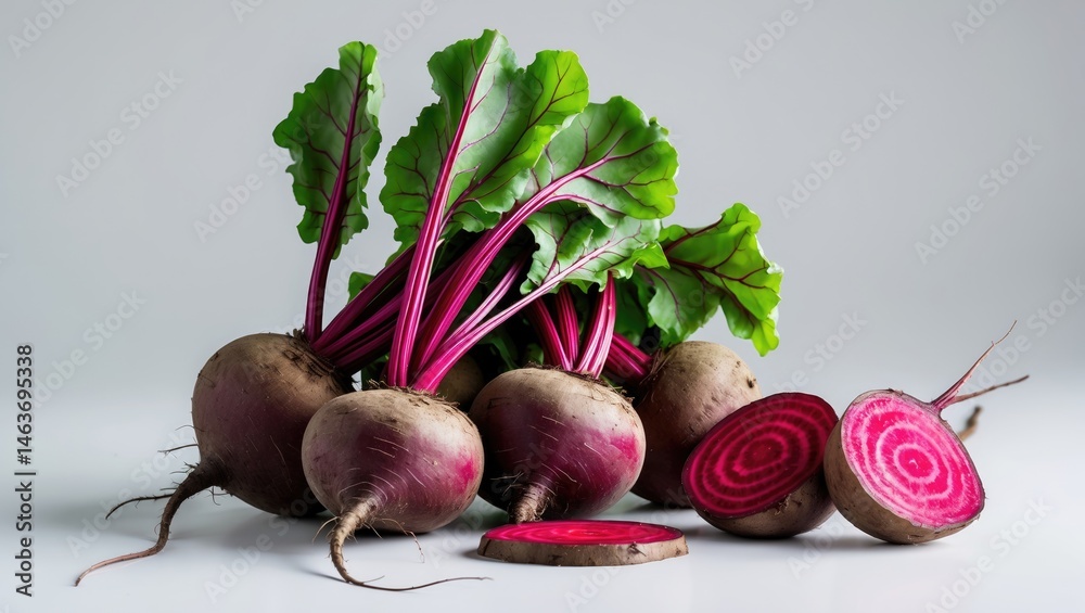 Poster whole and sliced beetroot in a natural setting with green leaves