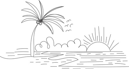 Simple Line Drawing of a Tropical Beach Scene with Palm Tree and Sunset