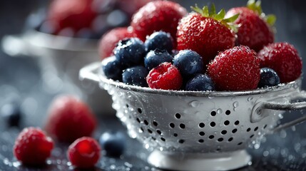 Fresh vibrant berries in a clean white colander with glistening water droplets, perfect for healthy, natural, and refreshing food imagery.