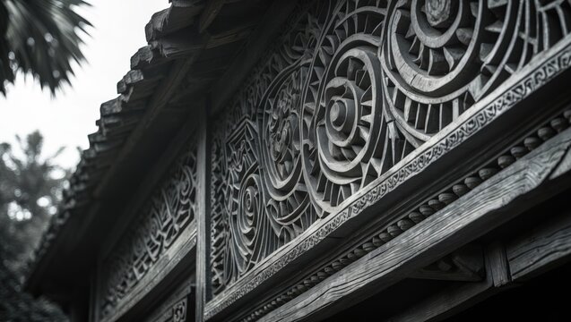 Abstract traditional wood carving design with tribal patterns on old wooden house wall