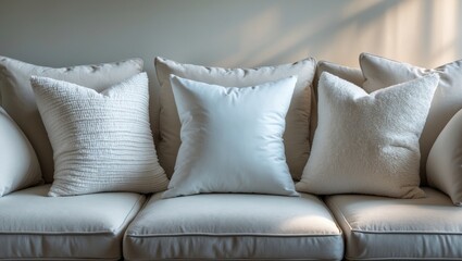 Fototapeta premium Elegant Ivory Pillow Display on Plush Sofa Mockup