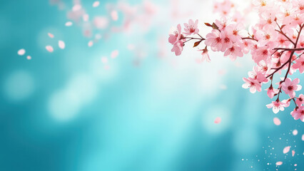 Beautiful cherry blossom branch with pink flowers and falling petals on a serene teal background for springtime