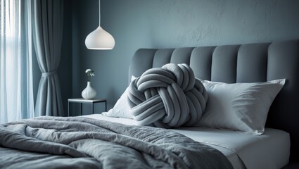 Close-up shot of trendy minimalist bedroom showcasing a DIY knot cushion